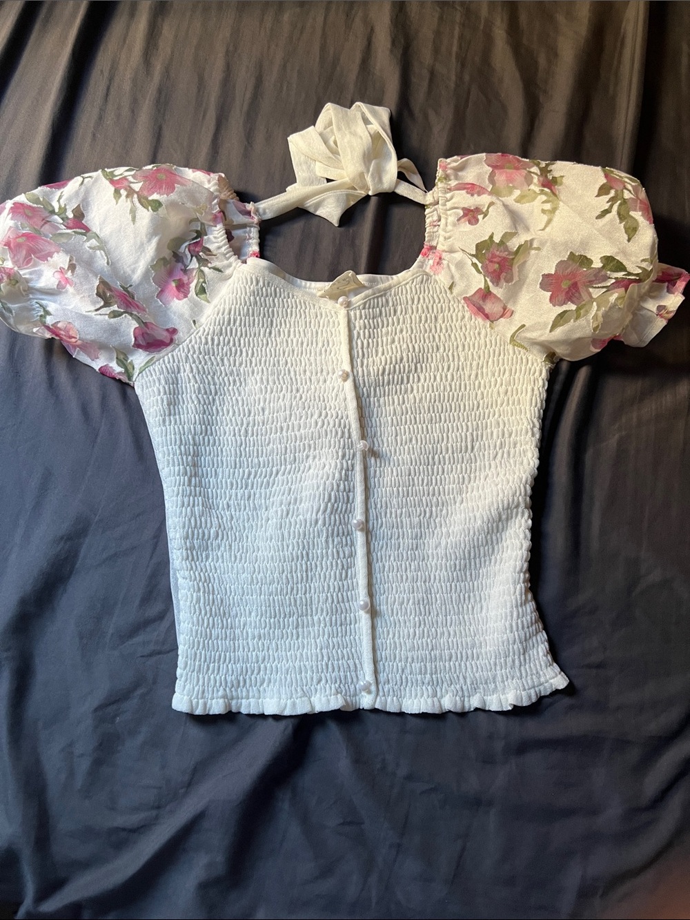 White Smocked Blouse with Pink Floral Puff Sleeves